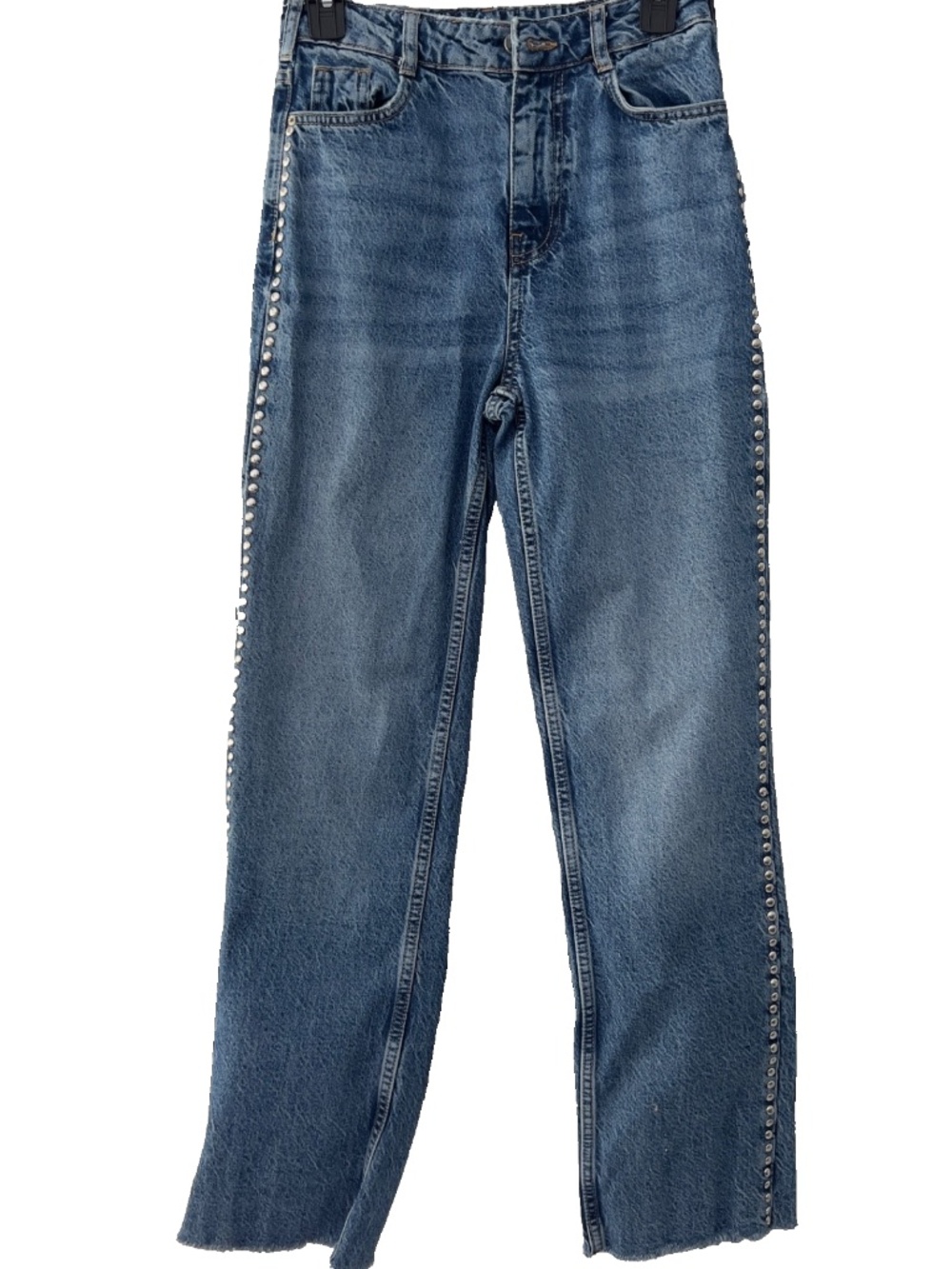 NEW Zara Denim Jeans Studded High Rise Straight Leg Raw Edge Women's Zip Size 2